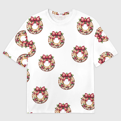 Мужская футболка оверсайз Много новогодних пончиков с бантиком и ягодами / 3D-принт – фото 1