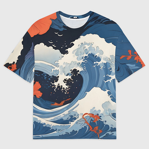 Мужская футболка оверсайз Япония волны алые цветы / 3D-принт – фото 1