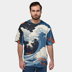 Футболка оверсайз мужская Япония волны алые цветы, цвет: 3D-принт — фото 2