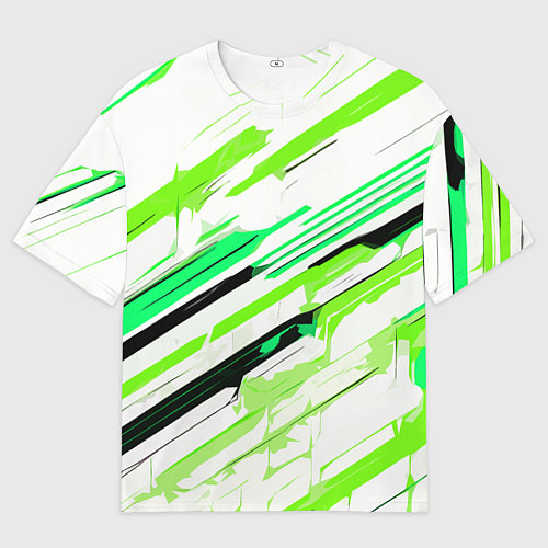 Мужская футболка оверсайз Чёрно-зелёно-салатовые полосы на белом фоне / 3D-принт – фото 1