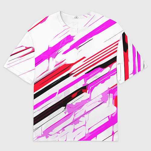 Мужская футболка оверсайз Красно-розово-чёрные полосы на белом фоне / 3D-принт – фото 1