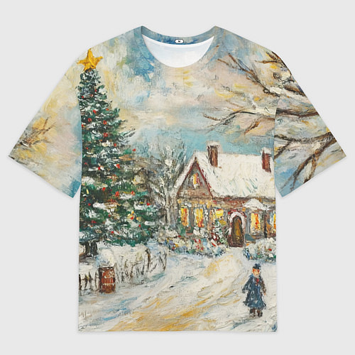Мужская футболка оверсайз Новогоднее утро во дворе пейзаж / 3D-принт – фото 1
