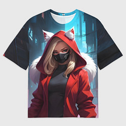 Мужская футболка оверсайз Девушка кошка неоновый город