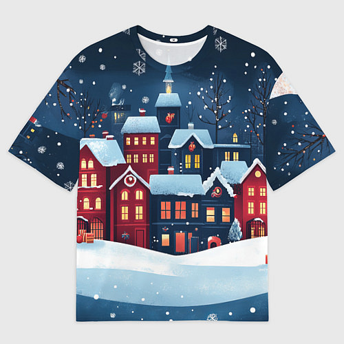 Мужская футболка оверсайз Снежная новогодняя ночь над городом / 3D-принт – фото 1