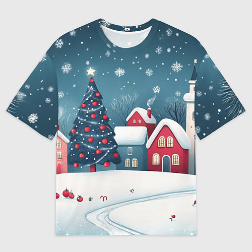 Мужская футболка оверсайз Снежный новогодний день в городе / 3D-принт – фото 1