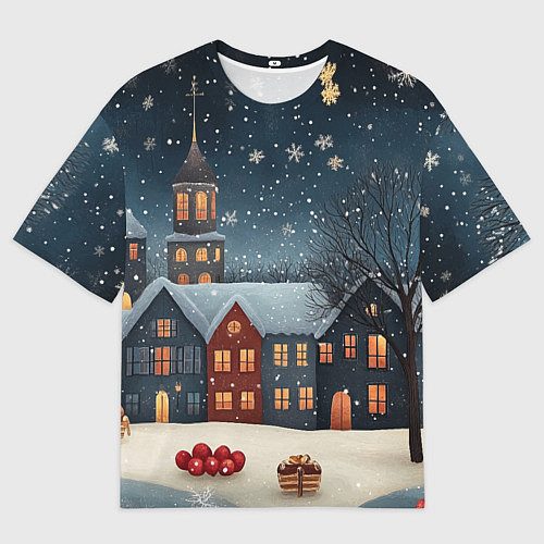 Мужская футболка оверсайз Ночной новогодний город / 3D-принт – фото 1
