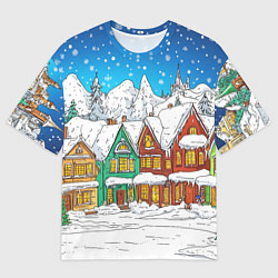 Мужская футболка оверсайз Яркий рисованный снежный городок