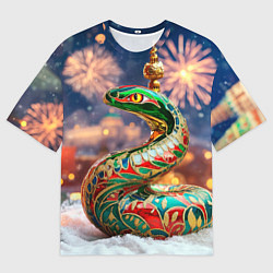 Мужская футболка оверсайз Змея на фоне новогоднего кремля