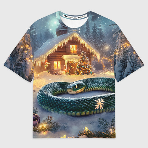 Мужская футболка оверсайз Большая змея на фоне новогоднего дома / 3D-принт – фото 1