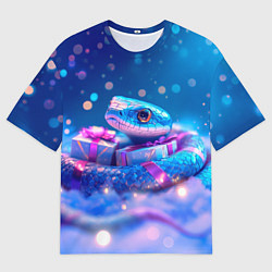 Мужская футболка оверсайз Новогодняя змейка с подарком