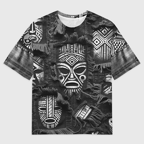 Мужская футболка оверсайз Африканские маски на пэчворк / 3D-принт – фото 1
