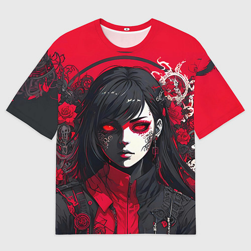 Мужская футболка оверсайз Девушка в стиле аниме в куртке на красном фоне / 3D-принт – фото 1