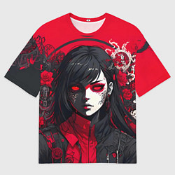 Мужская футболка оверсайз Девушка в стиле аниме в куртке на красном фоне