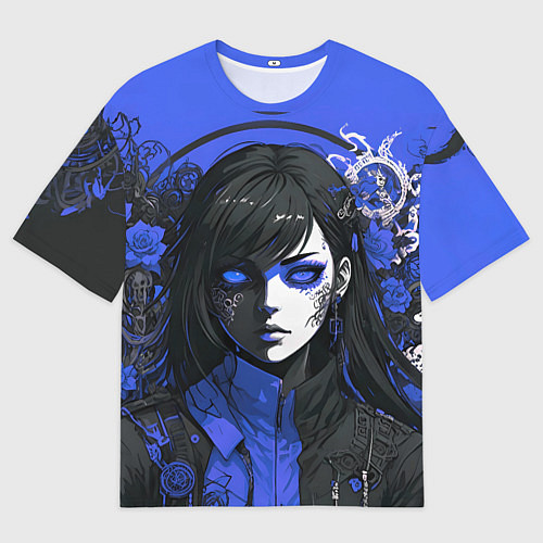Мужская футболка оверсайз Девушка в стиле аниме в куртке на голубом фоне / 3D-принт – фото 1