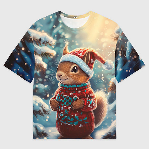 Мужская футболка оверсайз Новогодняя белочка в лесу / 3D-принт – фото 1