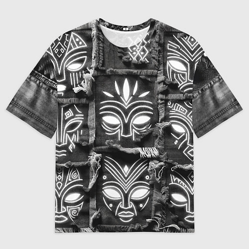 Мужская футболка оверсайз Африканские маски на пэчворк дениме / 3D-принт – фото 1