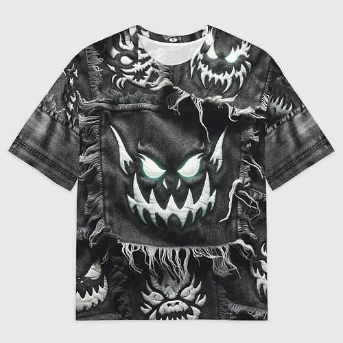 Мужская футболка оверсайз Облик монстра на пэчворк джинсах / 3D-принт – фото 1