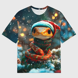 Мужская футболка оверсайз Новогодняя змея у елочки