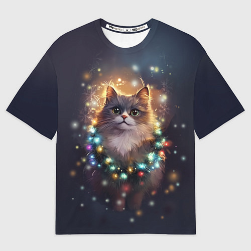 Мужская футболка оверсайз Уютный котик - Новый год / 3D-принт – фото 1