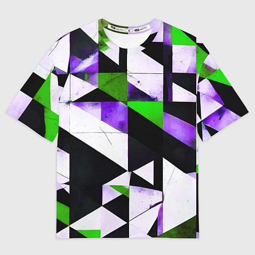 Мужская футболка оверсайз Зелёно-фиолетовая абстракция на чёрно-белом фоне / 3D-принт – фото 1