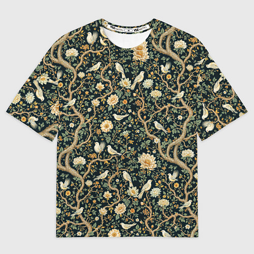 Мужская футболка оверсайз Узор с птицами зеленый / 3D-принт – фото 1