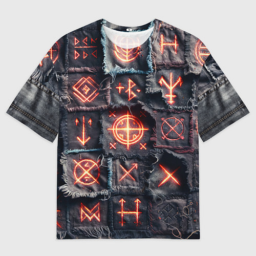 Мужская футболка оверсайз Символы викингов на пэчворк джинсах / 3D-принт – фото 1