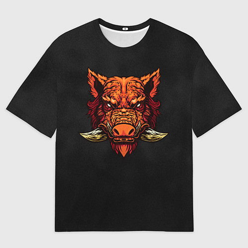 Мужская футболка оверсайз Красный дикий кабан на темном фоне / 3D-принт – фото 1