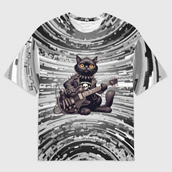 Мужская футболка оверсайз Чёрный кот играет на гитаре - нейроарт