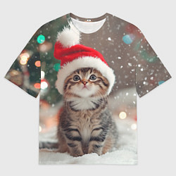 Мужская футболка оверсайз Новогодний котенок и снег