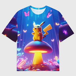 Мужская футболка оверсайз Пикачу на грибе в сказочном лесу - фантазия