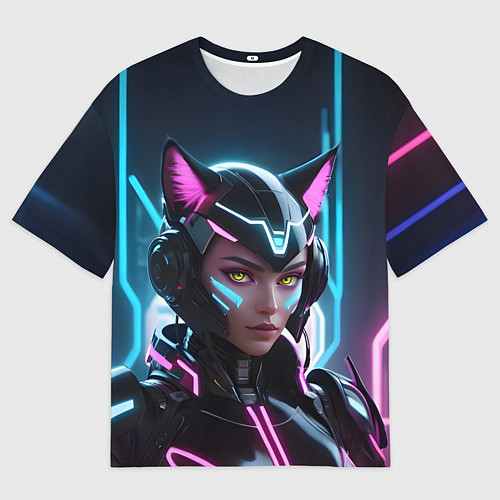 Мужская футболка оверсайз Неон кибер девушка / 3D-принт – фото 1