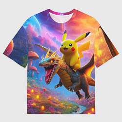 Футболка оверсайз мужская Пикачу летит на драконе среди грибов, цвет: 3D-принт