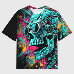 Мужская футболка оверсайз Cyber skull sketch - color blots