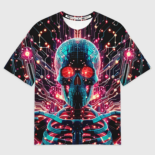 Мужская футболка оверсайз Neon cyber skull - ai art fantasy / 3D-принт – фото 1