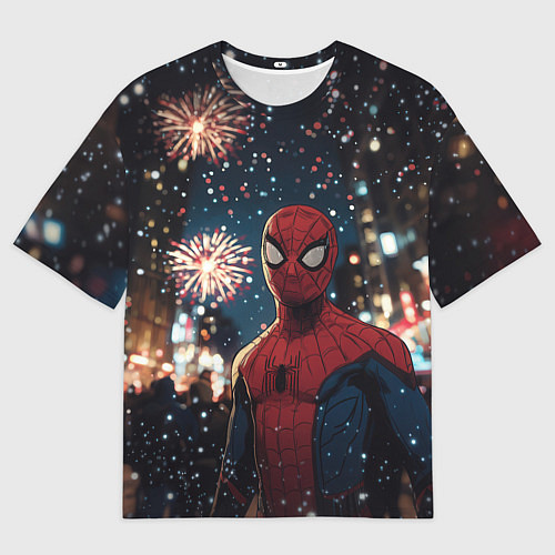 Мужская футболка оверсайз Человек-паук и новогодний салют / 3D-принт – фото 1