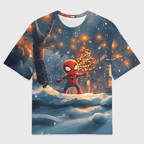 Мужская футболка оверсайз Маленький человек-паук держит елку / 3D-принт – фото 1