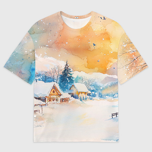 Мужская футболка оверсайз Деревенский новогодний пейзаж / 3D-принт – фото 1