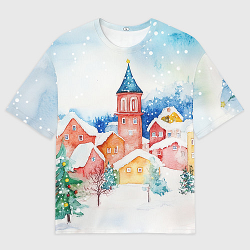 Мужская футболка оверсайз Новогодний сказочный город / 3D-принт – фото 1