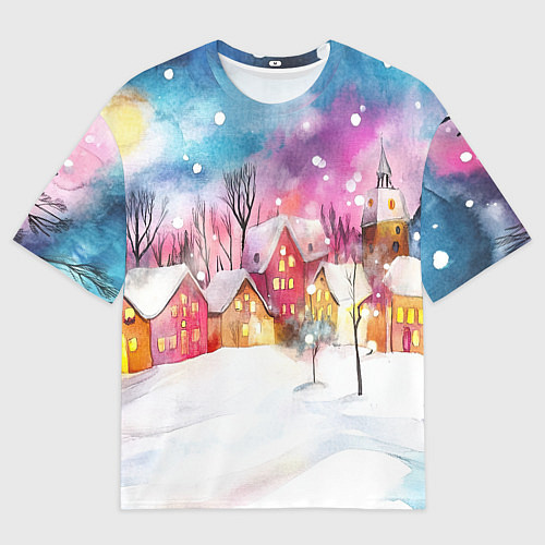 Мужская футболка оверсайз Новогодний ночной дворик / 3D-принт – фото 1