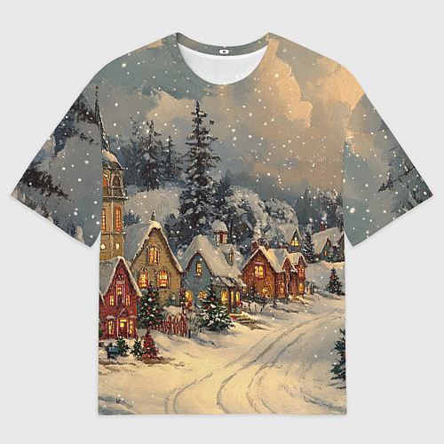Мужская футболка оверсайз Новогодние зимние домики / 3D-принт – фото 1