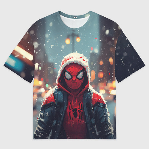 Мужская футболка оверсайз Человек-паук под снегопадом - новогодний город / 3D-принт – фото 1