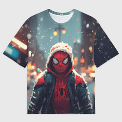 Мужская футболка оверсайз Человек-паук под снегопадом - новогодний город