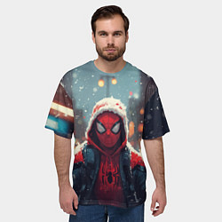 Футболка оверсайз мужская Человек-паук под снегопадом - новогодний город, цвет: 3D-принт — фото 2