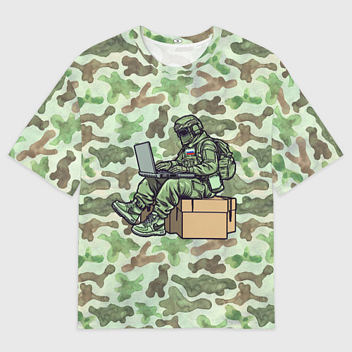 Мужская футболка оверсайз Русский солдат за ноутбуком / 3D-принт – фото 1