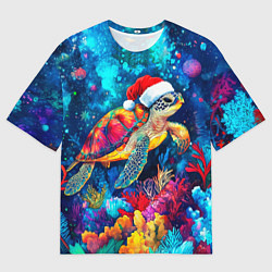 Мужская футболка оверсайз Морская черепаха в шапке Санты