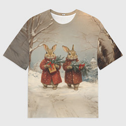 Мужская футболка оверсайз Зайцы с новогодними подарками