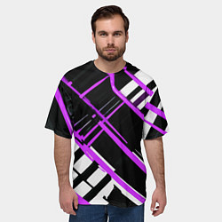 Футболка оверсайз мужская Фиолетово-белые линии на чёрном фоне, цвет: 3D-принт — фото 2