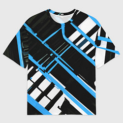 Футболка оверсайз мужская Сине-белые линии на чёрном фоне, цвет: 3D-принт