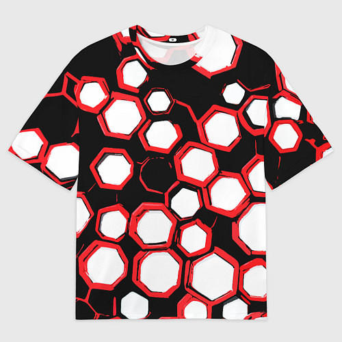Мужская футболка оверсайз Красно-белые шестиугольники на чёрном фоне / 3D-принт – фото 1