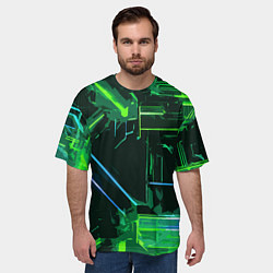 Футболка оверсайз мужская Зелёно-голубые полосы на чёрном фоне, цвет: 3D-принт — фото 2
